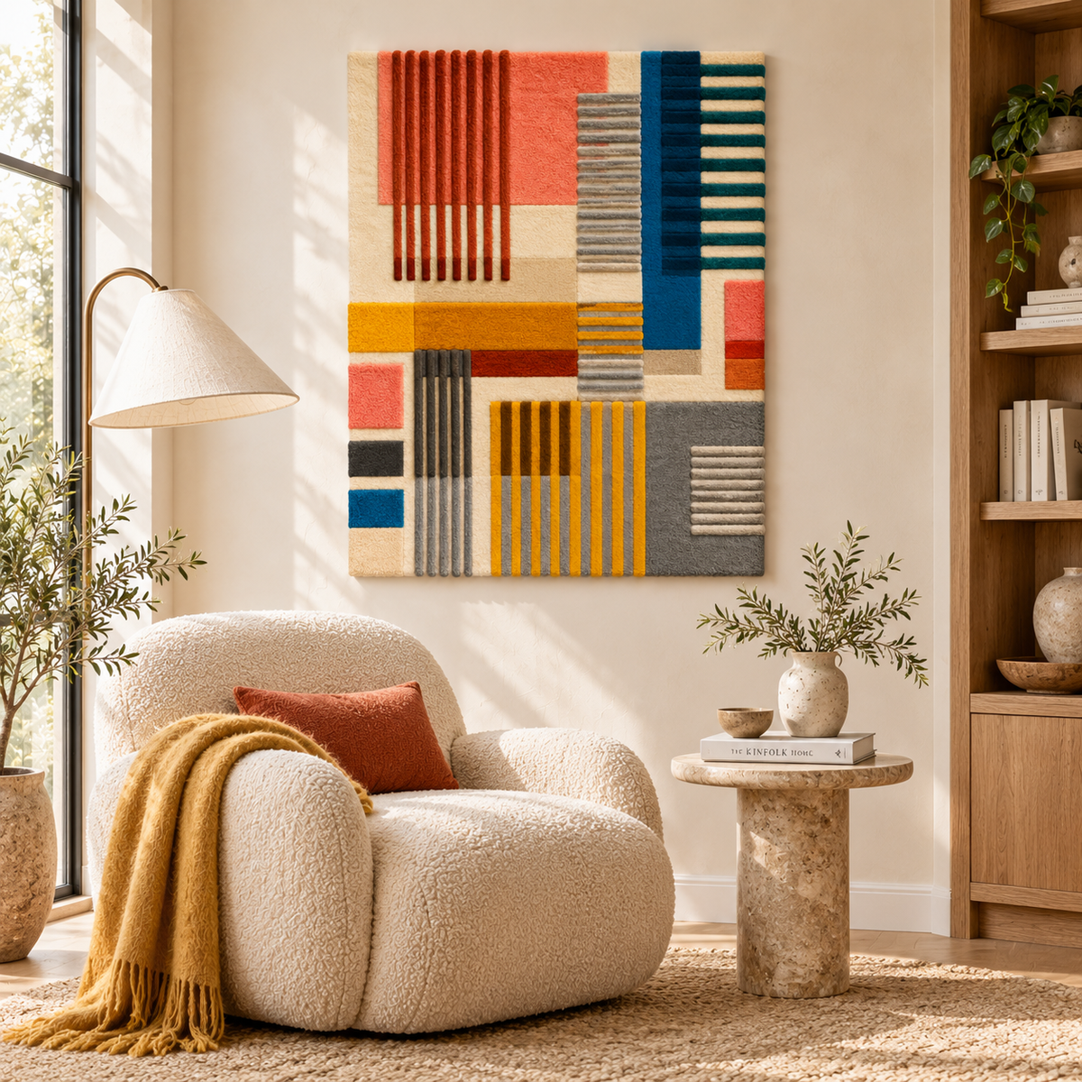 Hewn Earth Sunset Loom Geometry wall art featuring vibrant sunset colors and geometric patterns for modern home decor.
