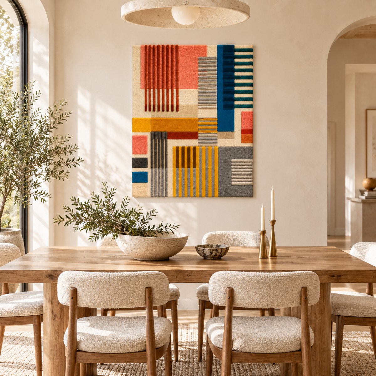 Hewn Earth Sunset Loom Geometry wall art featuring vibrant sunset colors and intricate geometric patterns for modern home decor