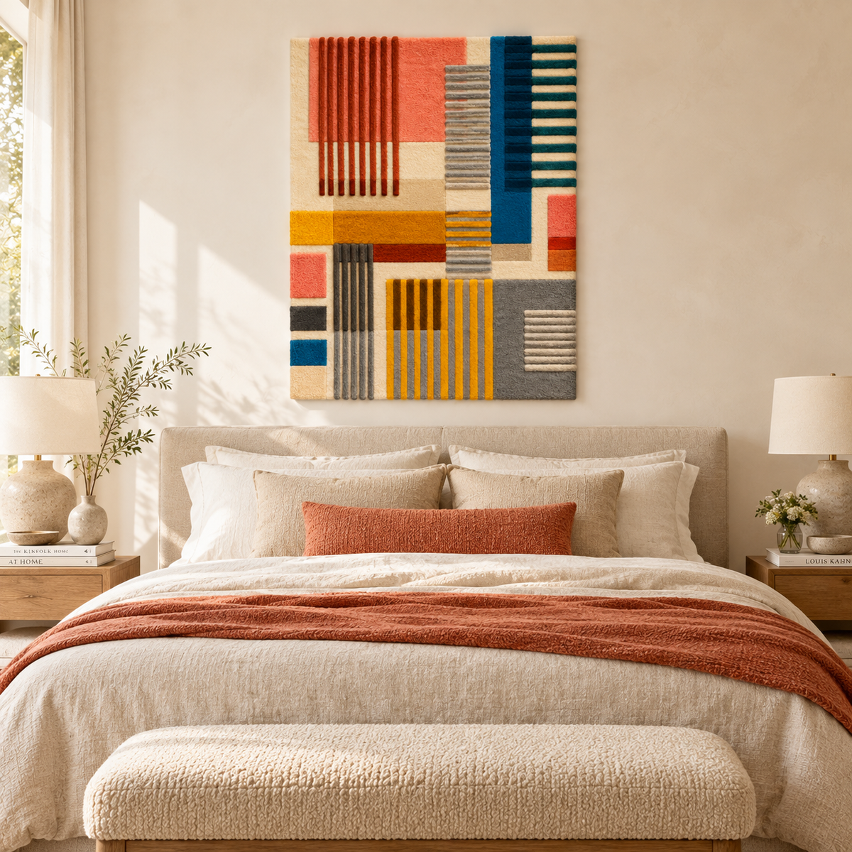 Hewn Earth Sunset Loom Geometry wall art featuring vibrant sunset colors and geometric patterns on a room wall.
