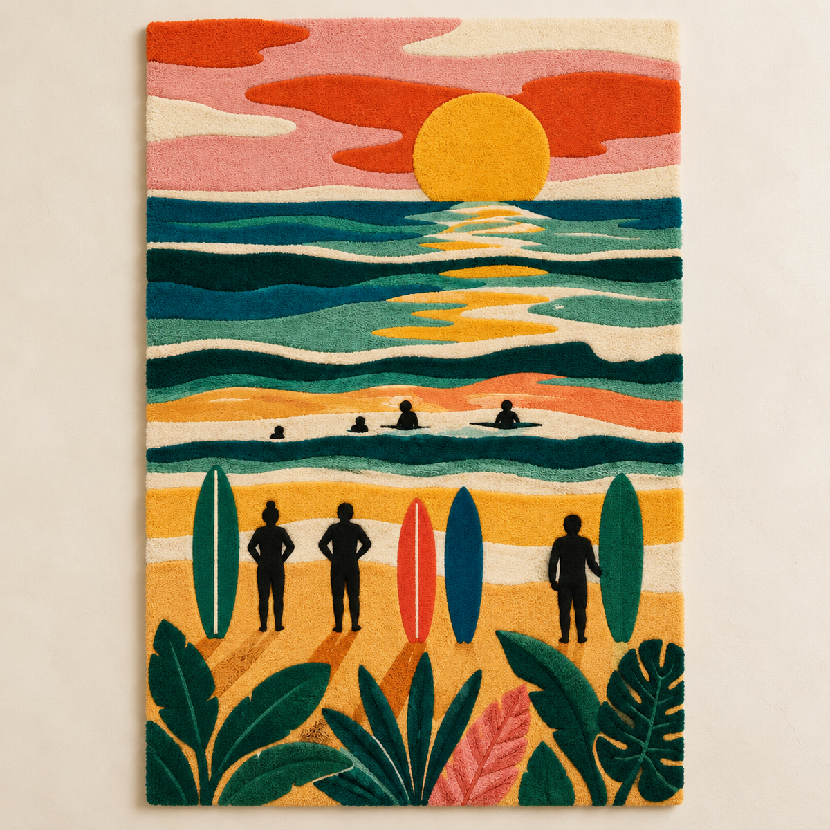 Hewn Earth wall art featuring surfers at the golden horizon, showcasing a vibrant seaside scene with surfers riding waves.