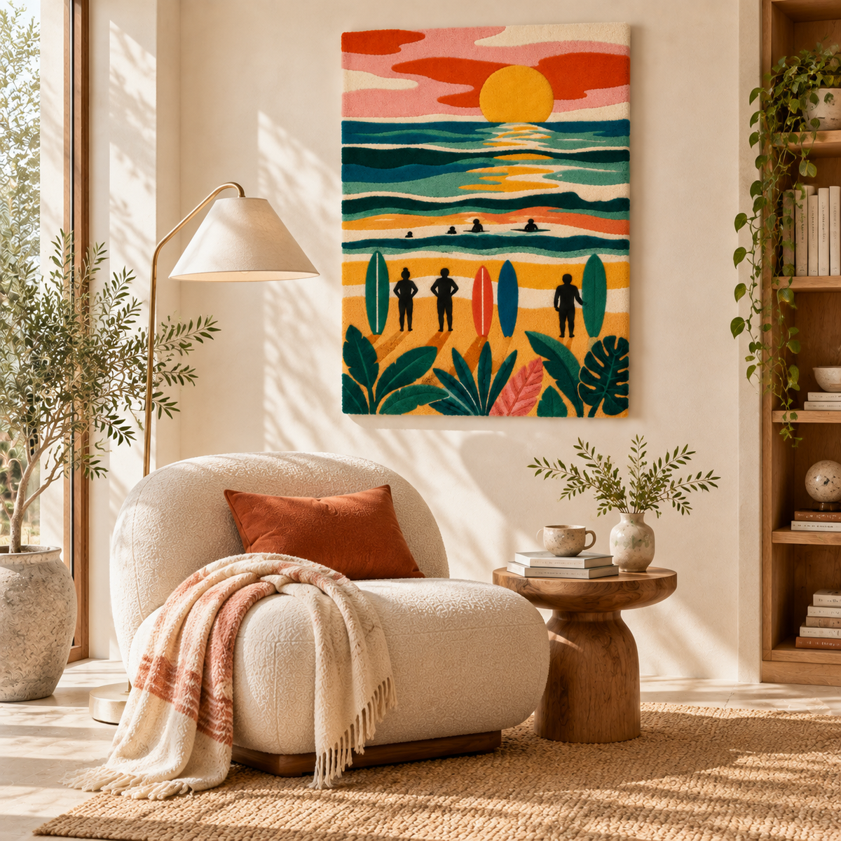 Hewn Earth wall art depicting surfers riding waves at sunset on the golden horizon, perfect for beach-inspired home decor.