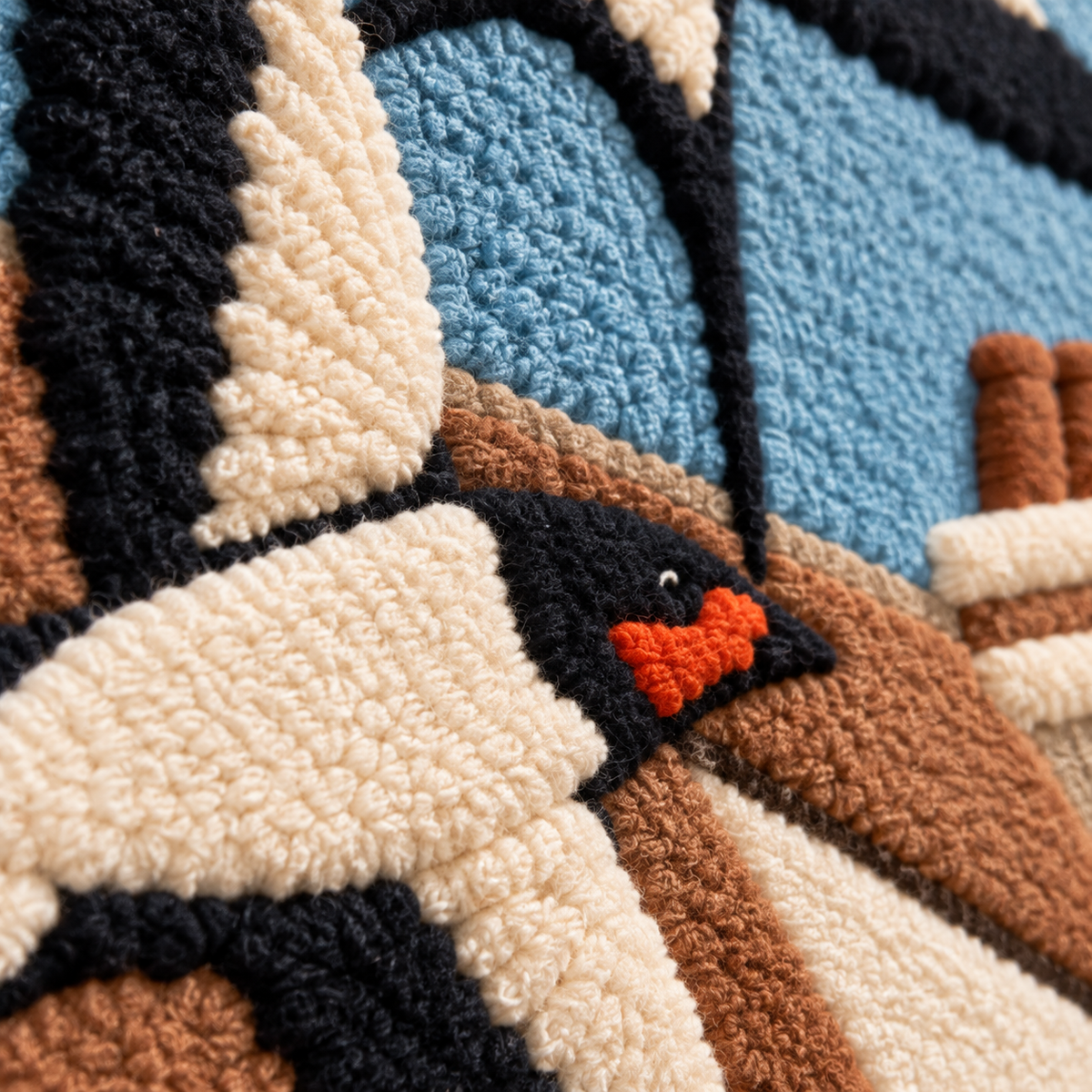 Swallows over Terracotta Rooftops — tufted wool texture detail