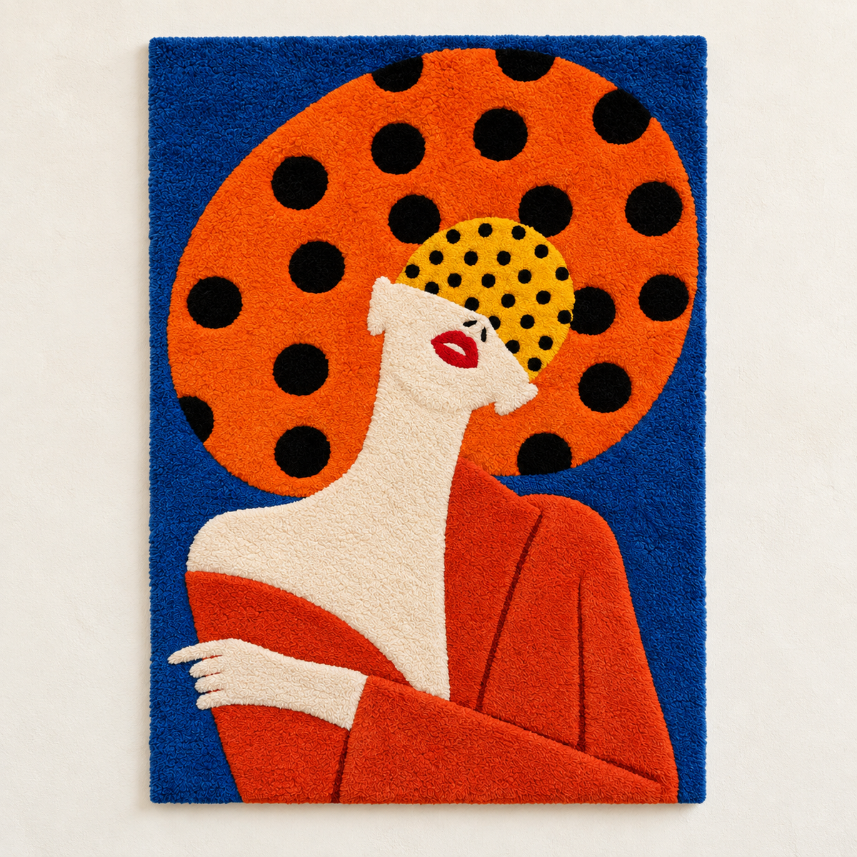 Tangerine Halo Polka Muse wall art by Hewn Earth featuring abstract orange and white polka dot design.