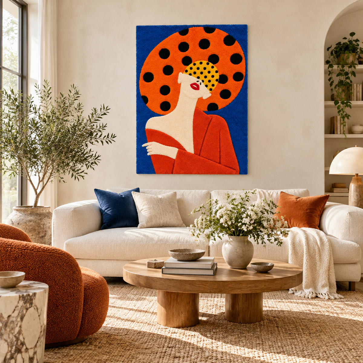 Tangerine Halo Polka Muse wall art by Hewn Earth featuring vibrant orange abstract design on a neutral room wall.