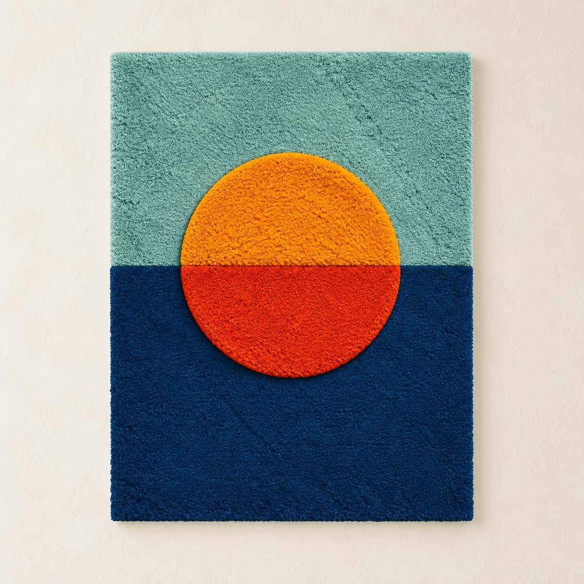 Hewn Earth wall art featuring a vibrant tangerine sun setting over a blue horizon, ideal for modern home decor.