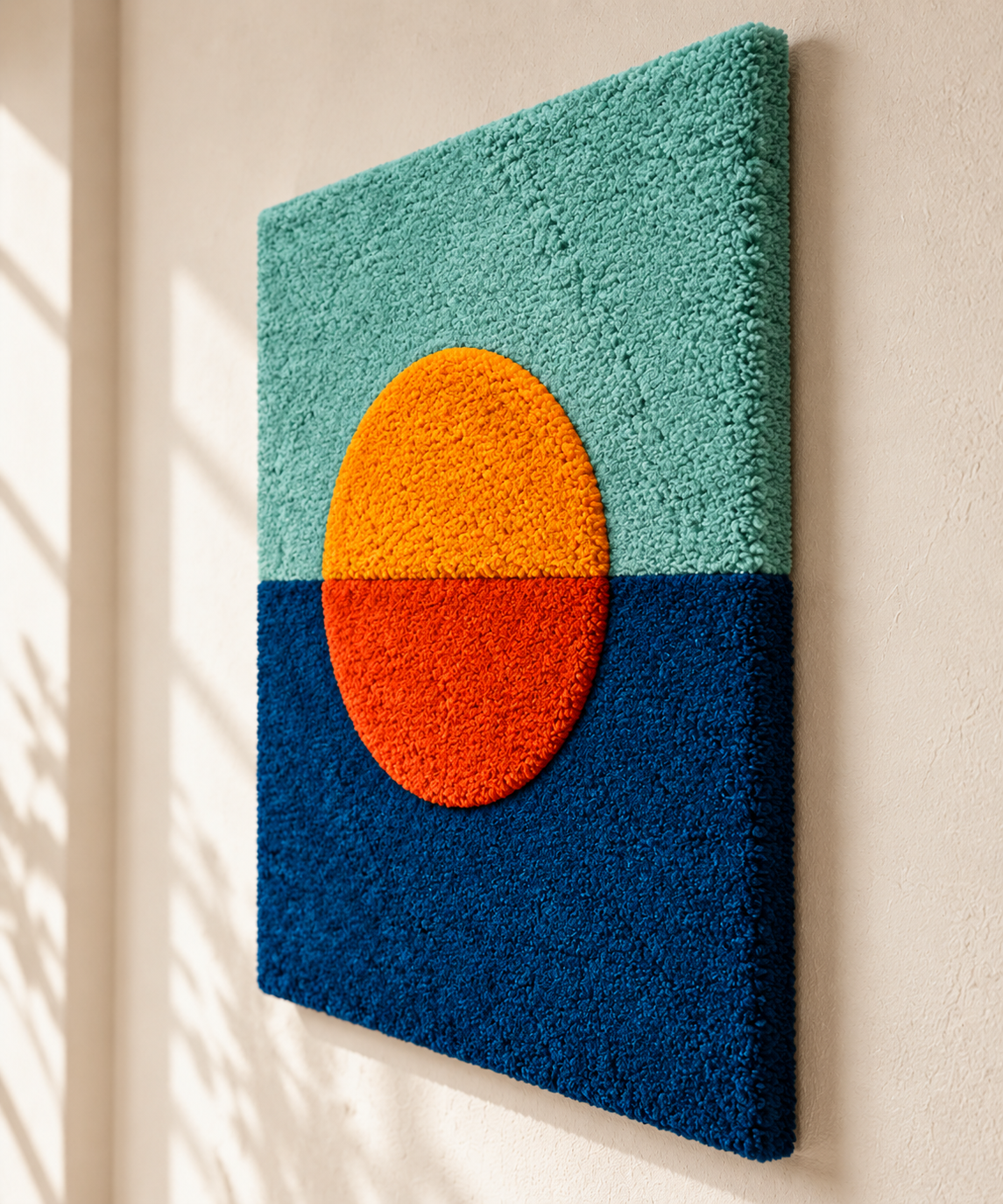 Hewn Earth wall art featuring a vibrant tangerine sun setting over a blue horizon, showcasing warm colors and abstract landscape design.