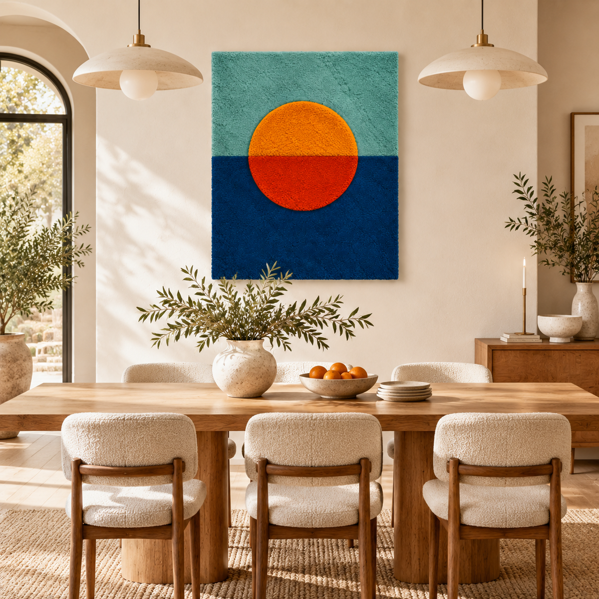 Hewn Earth wall art featuring a vibrant tangerine sun on a blue horizon, ideal for adding color to a room decor.