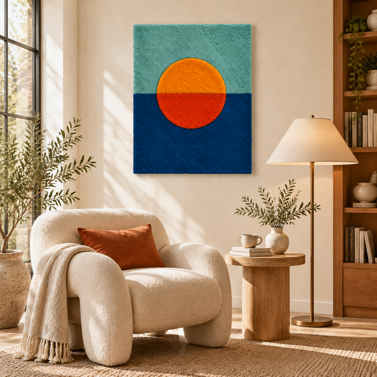 Hewn Earth wall art featuring a vibrant tangerine sun setting over a blue horizon, ideal for modern home decor.