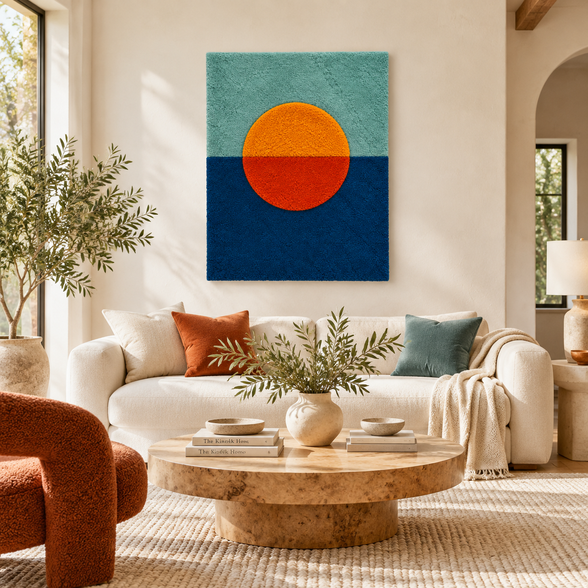 Hewn Earth wall art featuring a vibrant tangerine sun setting on a blue horizon, ideal for modern home decor.