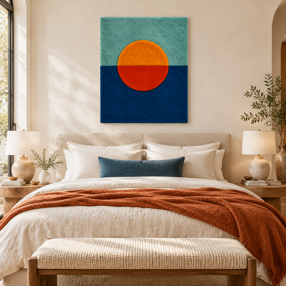 Hewn Earth wall art featuring a vibrant tangerine sun setting over a blue horizon, displayed on a room wall.