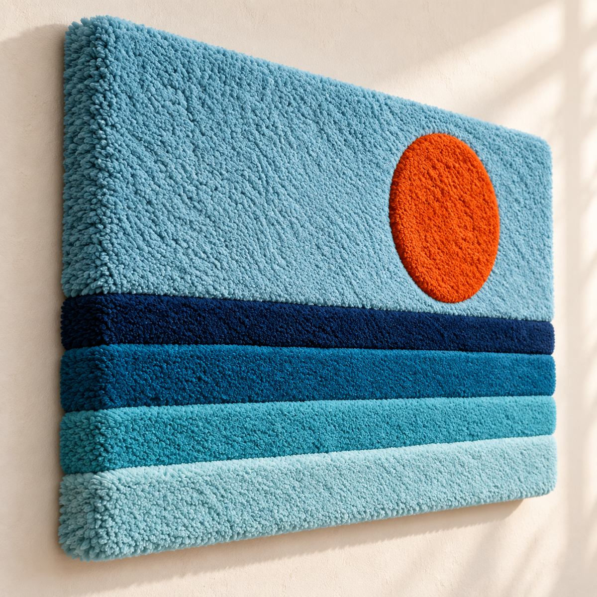 Hewn Earth wall art featuring a vibrant tangerine sun over calm blue tides, abstract landscape painting.