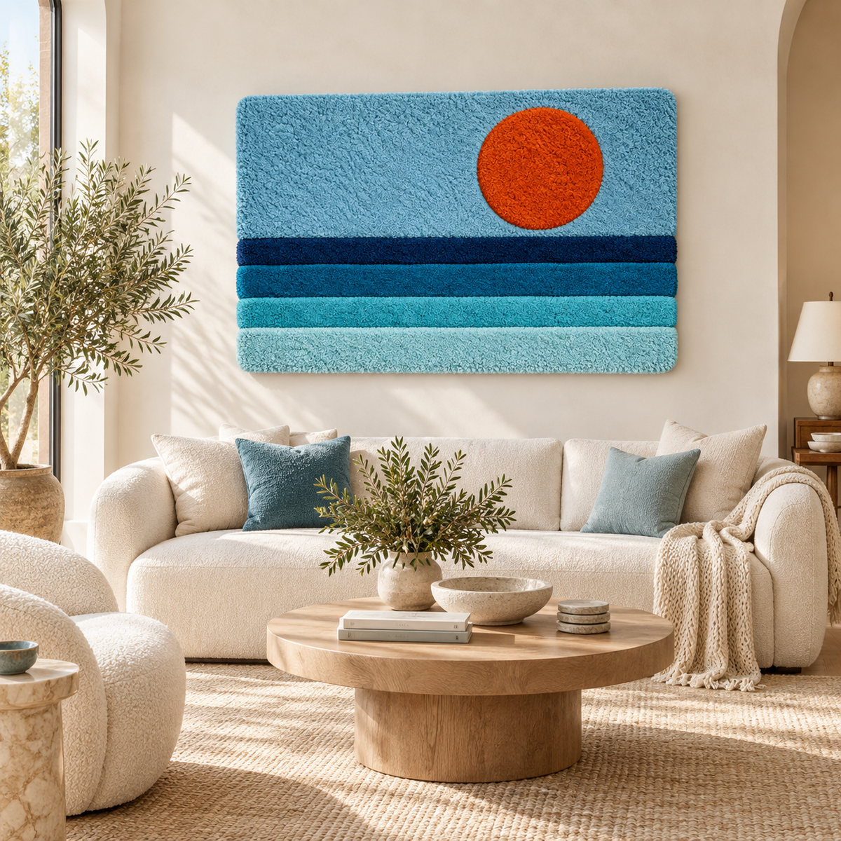 Hewn Earth wall art featuring a vibrant tangerine sun over calming blue tides, suitable for modern interior decor.