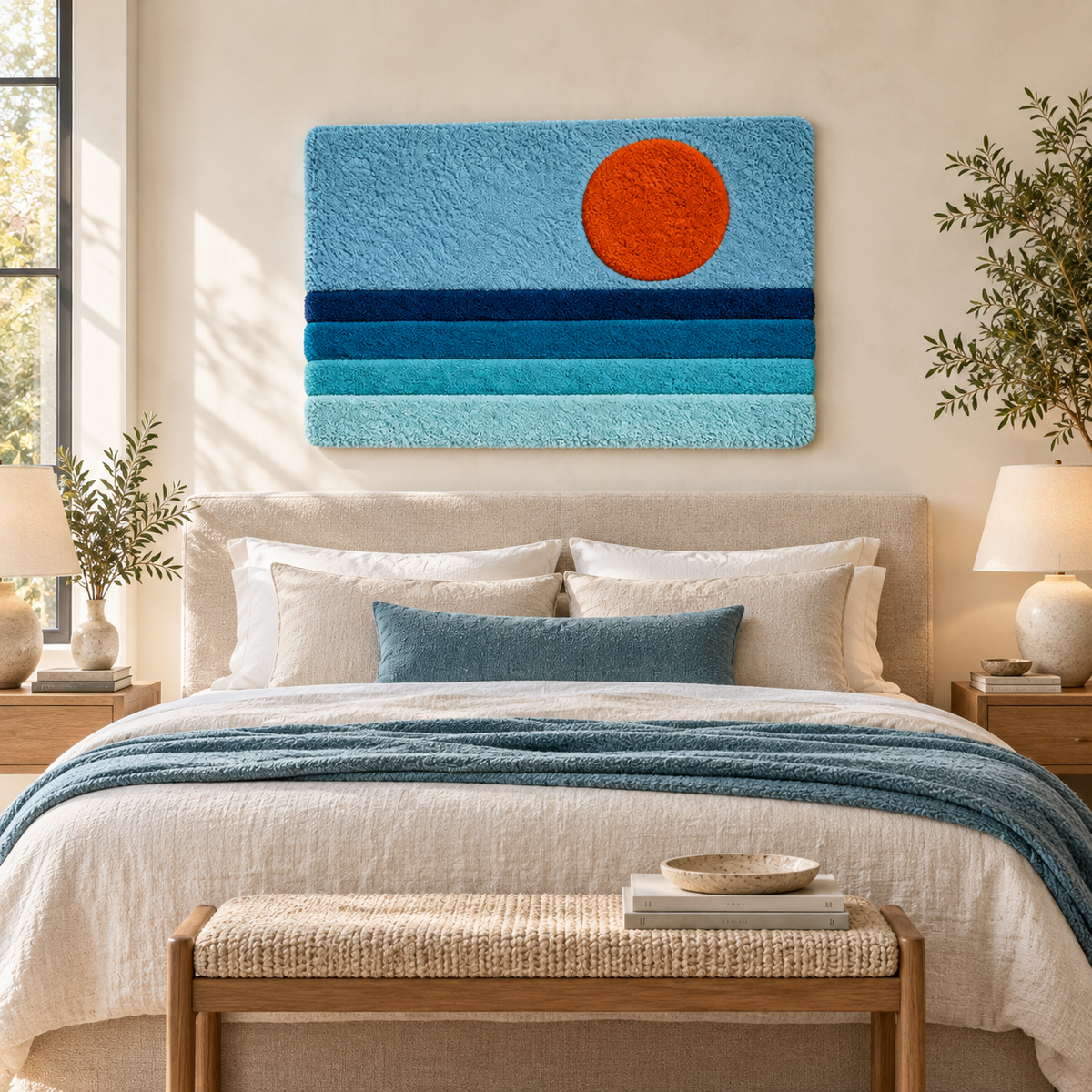 Hewn Earth wall art featuring a vivid tangerine sun over blue tides, vibrant and serene ocean scene for interior decor.