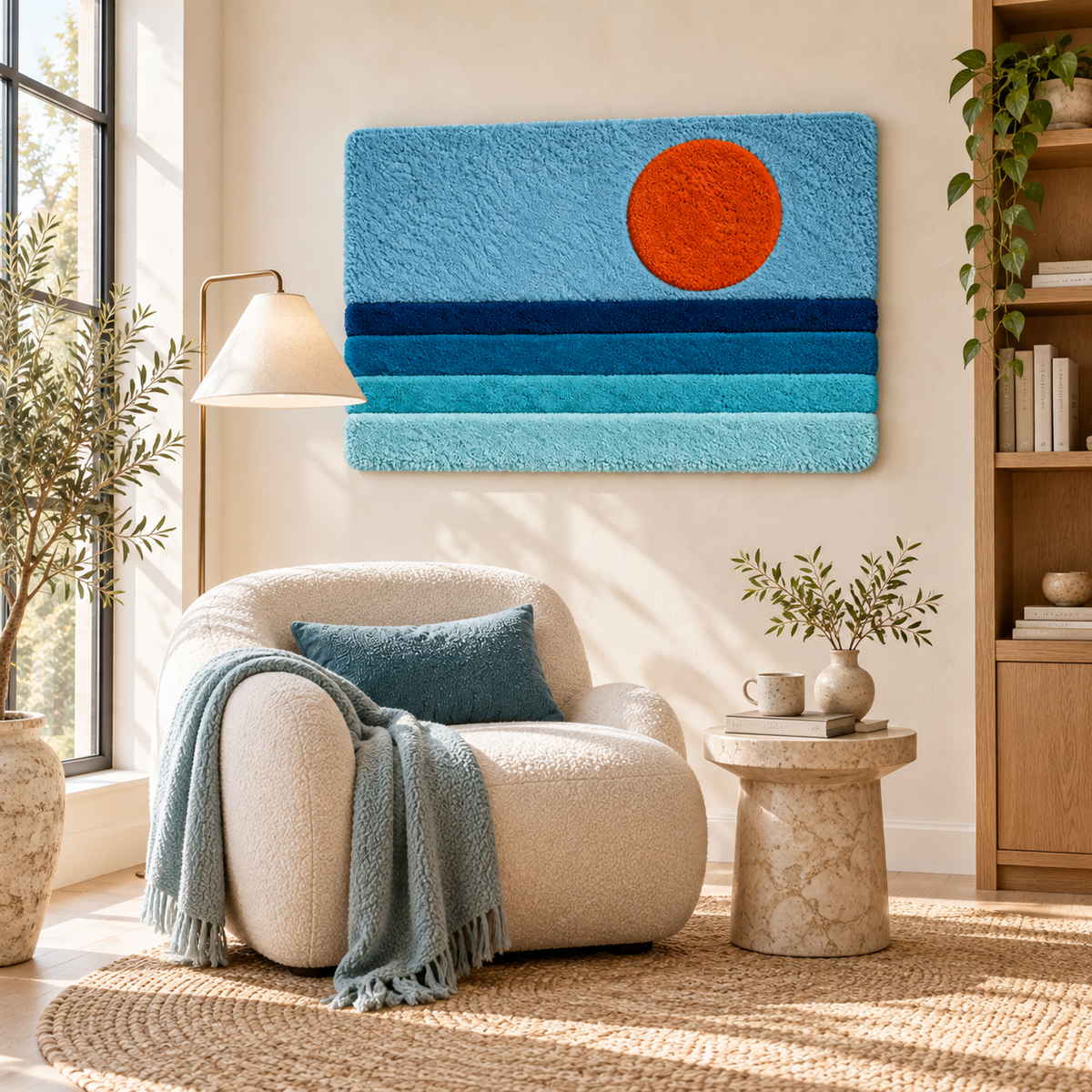Hewn Earth wall art featuring a vibrant tangerine sun over blue tides, ideal for modern home decor.