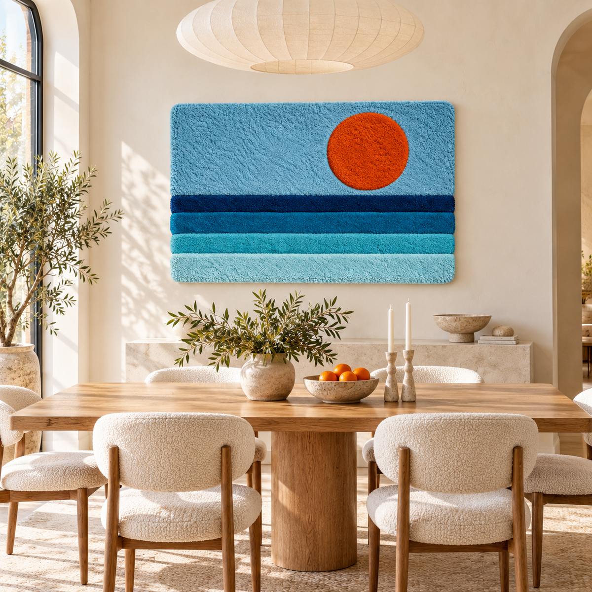 Hewn Earth wall art titled "Tangerine Sun over Blue Tides" featuring a vibrant tangerine sun above ocean waves.