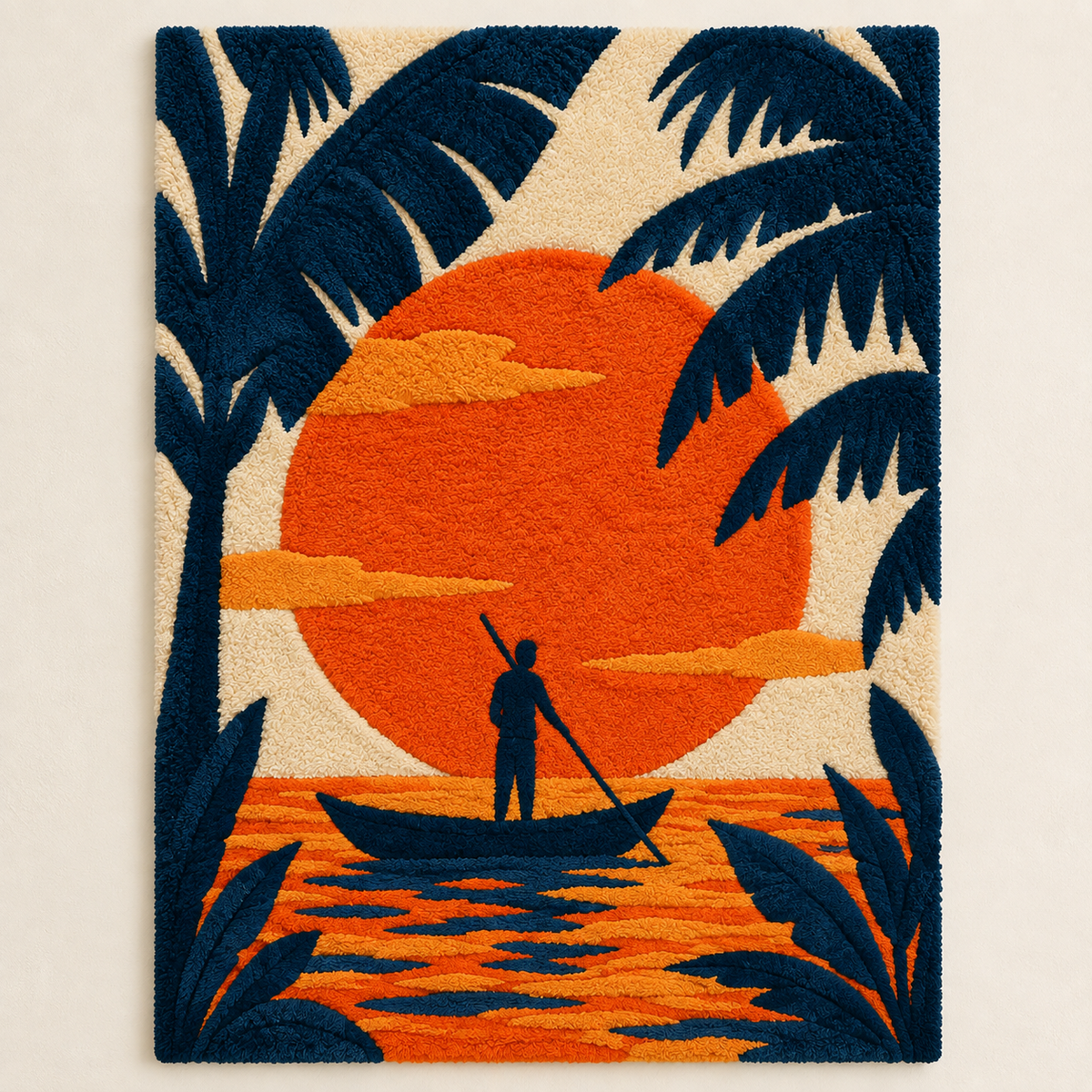 Hewn Earth Tangerine Tide Canoe wall art showcasing a vibrant orange canoe on a calm water background.