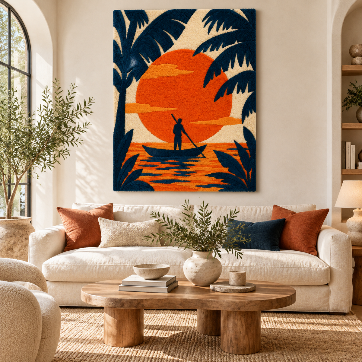 Hewn Earth Tangerine Tide Canoe wall art displayed on a room wall, showcasing vibrant orange and blue canoe artwork.