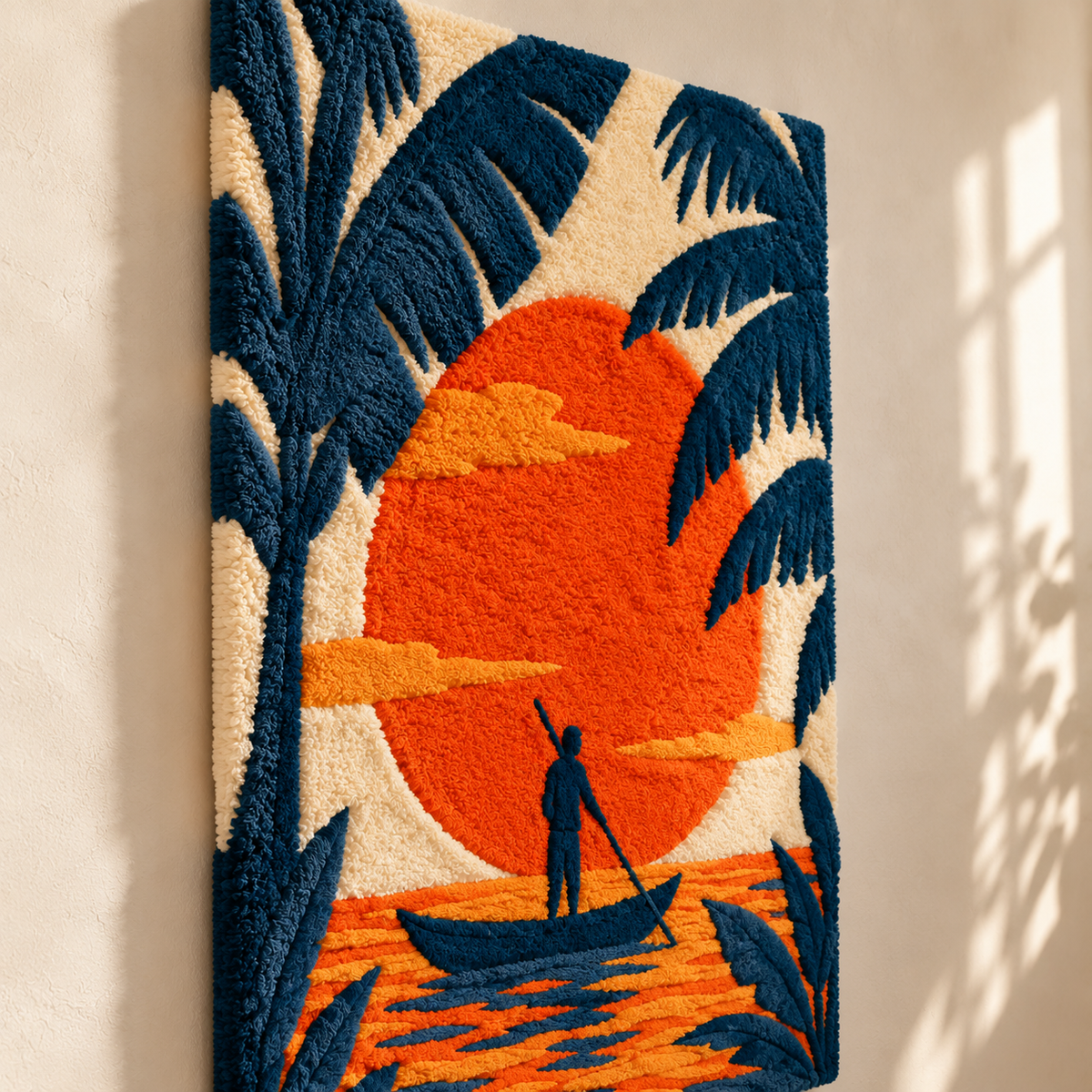 Hewn Earth Tangerine Tide Canoe wall art showing a vibrant orange canoe on a calm water scene.