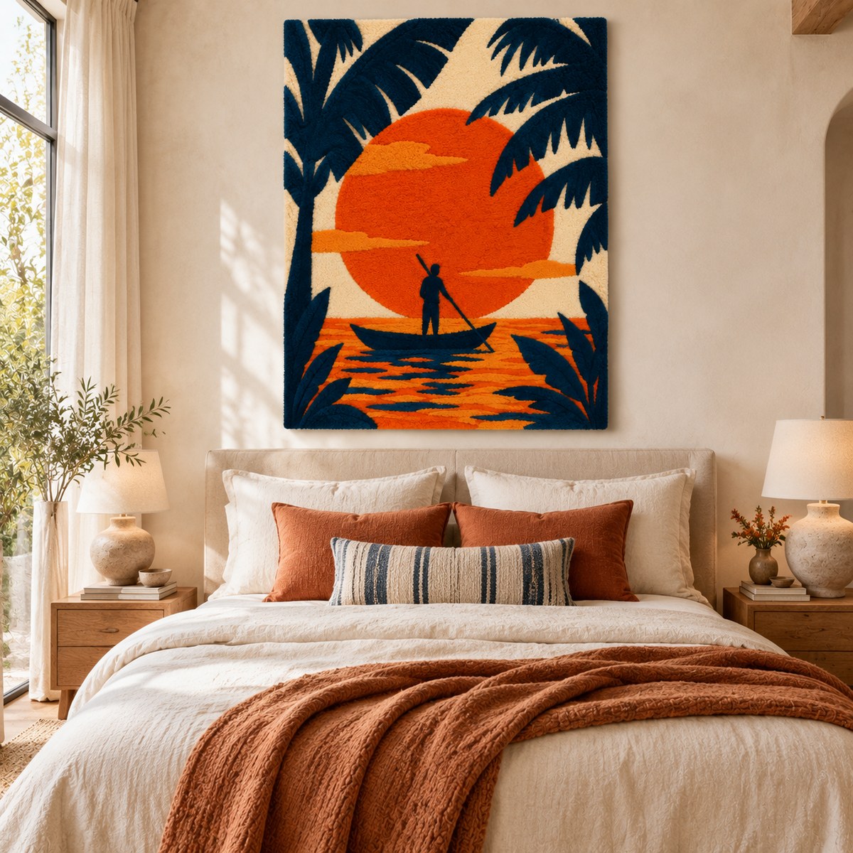 Hewn Earth Tangerine Tide Canoe wall art hanging on a room wall, vibrant orange canoe artwork for home decor.