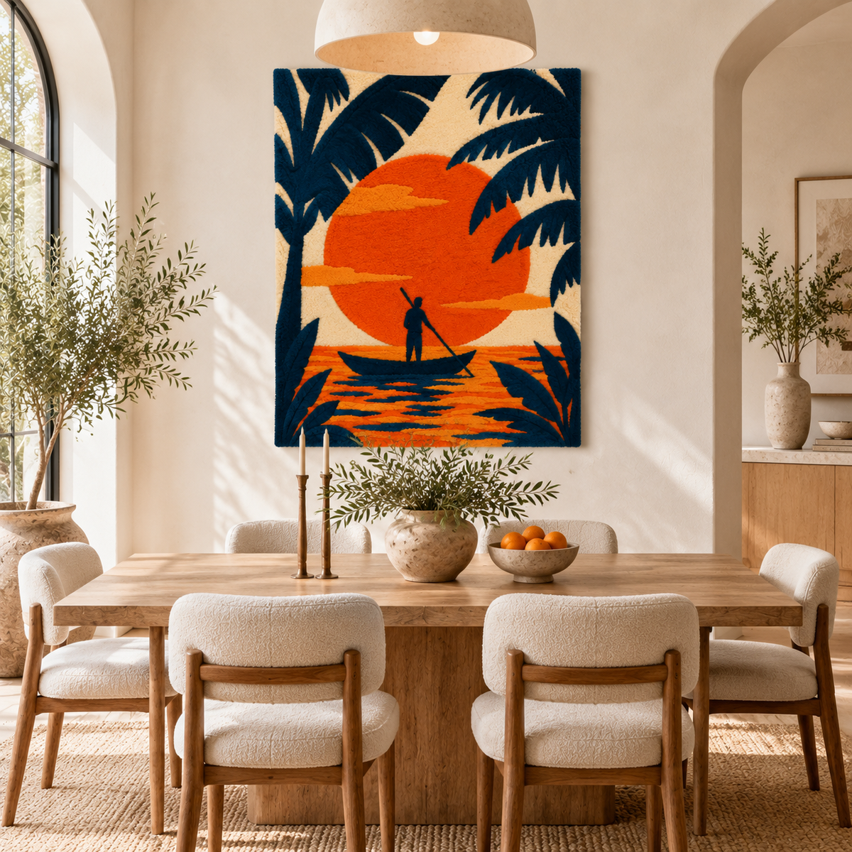 Hewn Earth Tangerine Tide Canoe wall art hanging in a room, showcasing vibrant orange hues and canoe design on a neutral wall.