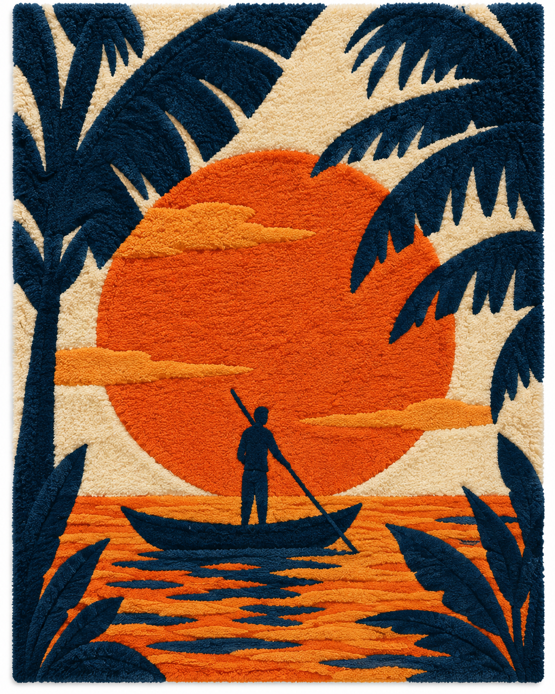 Hewn Earth Tangerine Tide Canoe wall art featuring a vibrant orange canoe with a calm water background.