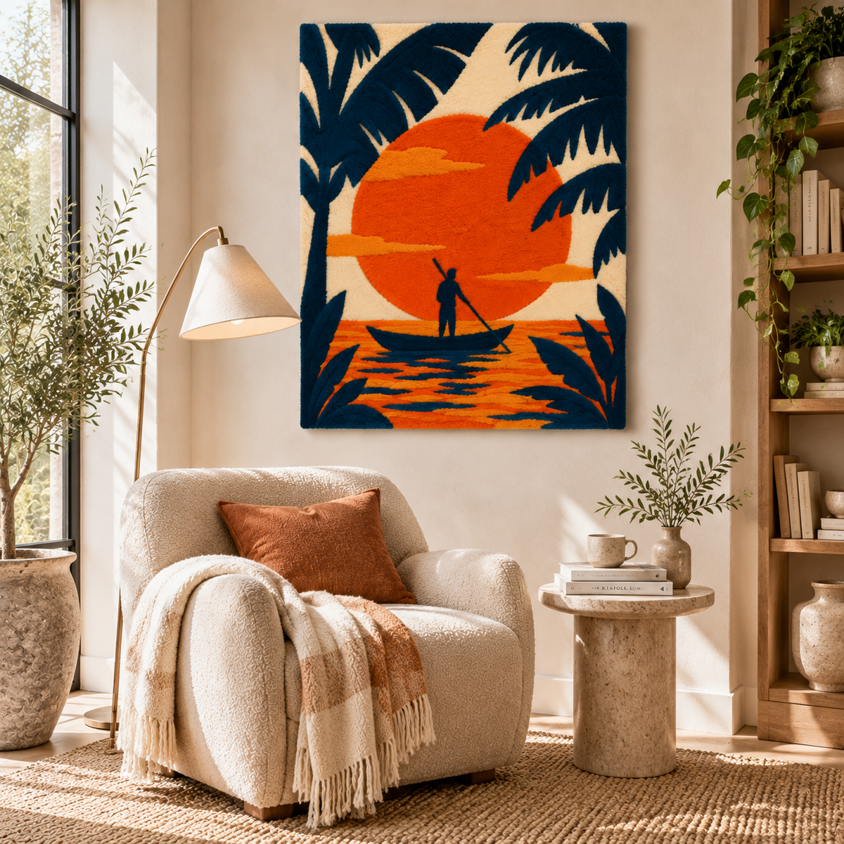 Hewn Earth Tangerine Tide Canoe wall art displayed in a room scene, showcasing vibrant orange hues and canoe design.