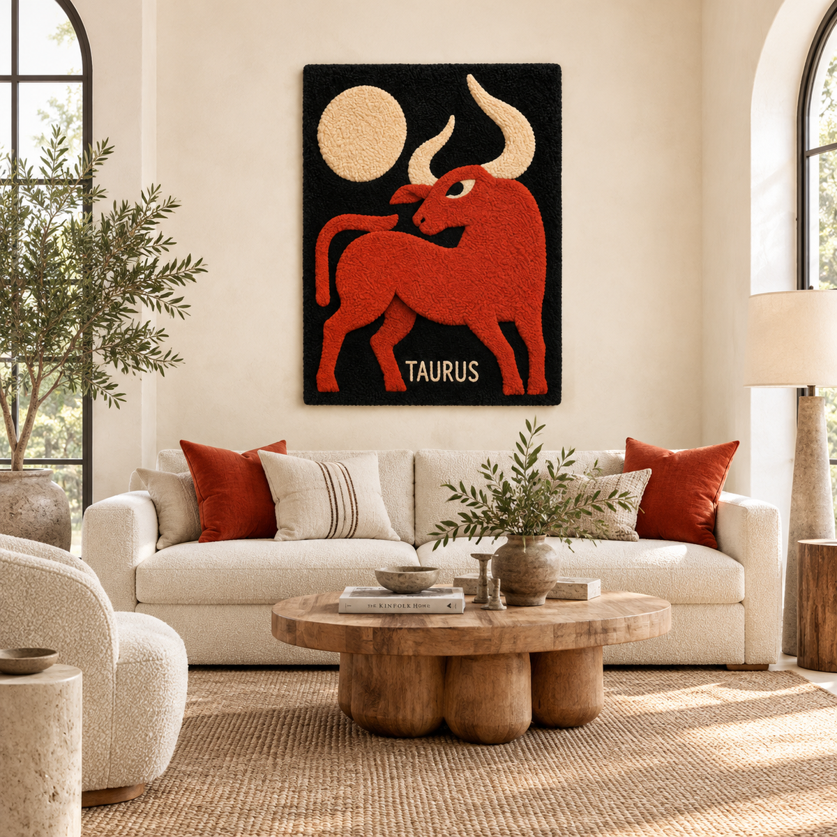 Hewn Earth Taurus Beneath the Moon wall art featuring a celestial scene with a bull silhouette under a moonlit sky.