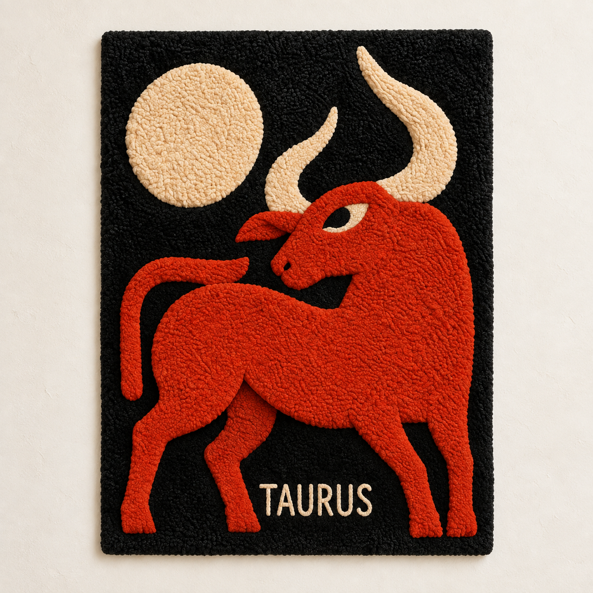 Hewn Earth Taurus Beneath the Moon wall art featuring a celestial Taurus constellation under a glowing moon on a dark background.