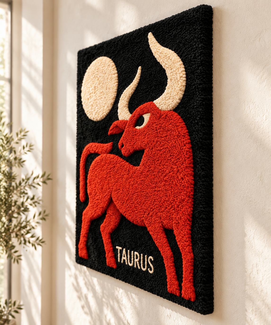 Hewn Earth Taurus Beneath the Moon wall art featuring a celestial Taurus bull design with moonlit background.