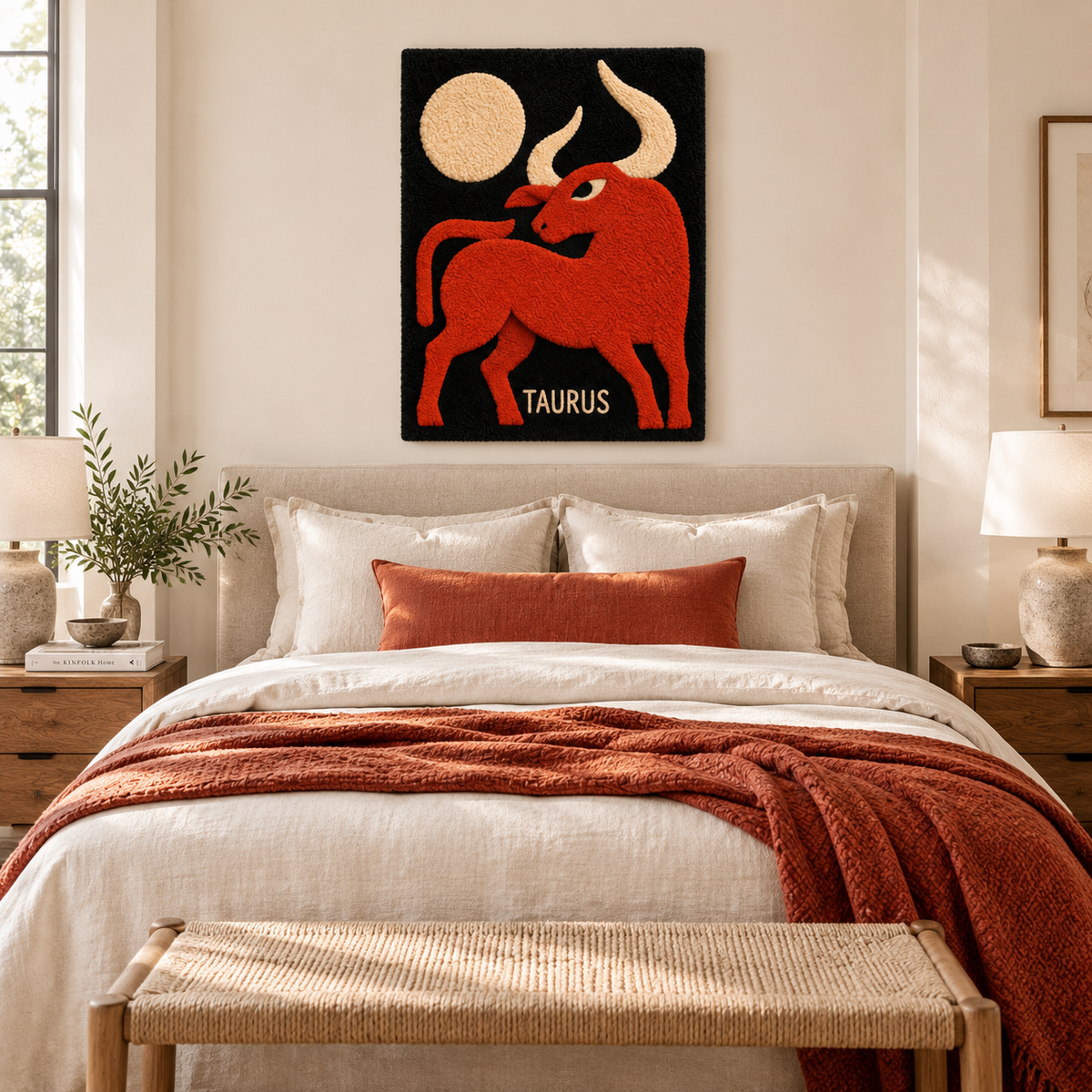 Hewn Earth Taurus Beneath the Moon wall art featuring a moonlit Taurus bull silhouette on a dark background.