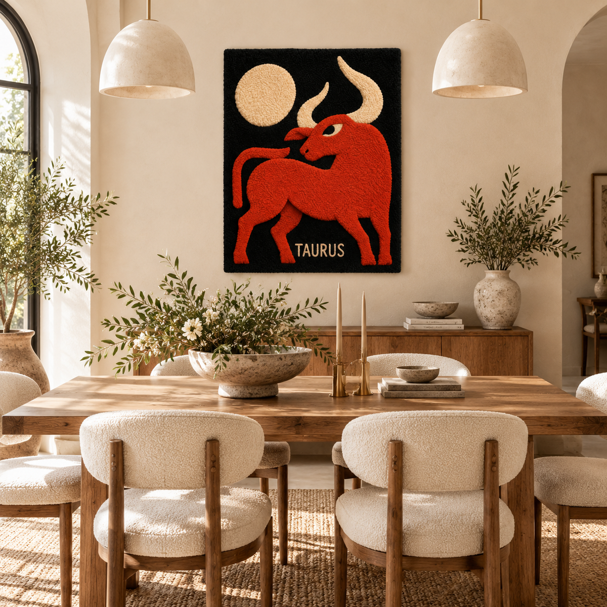 Hewn Earth Taurus Beneath the Moon wall art featuring a celestial-themed Taurus illustration on a dark background.