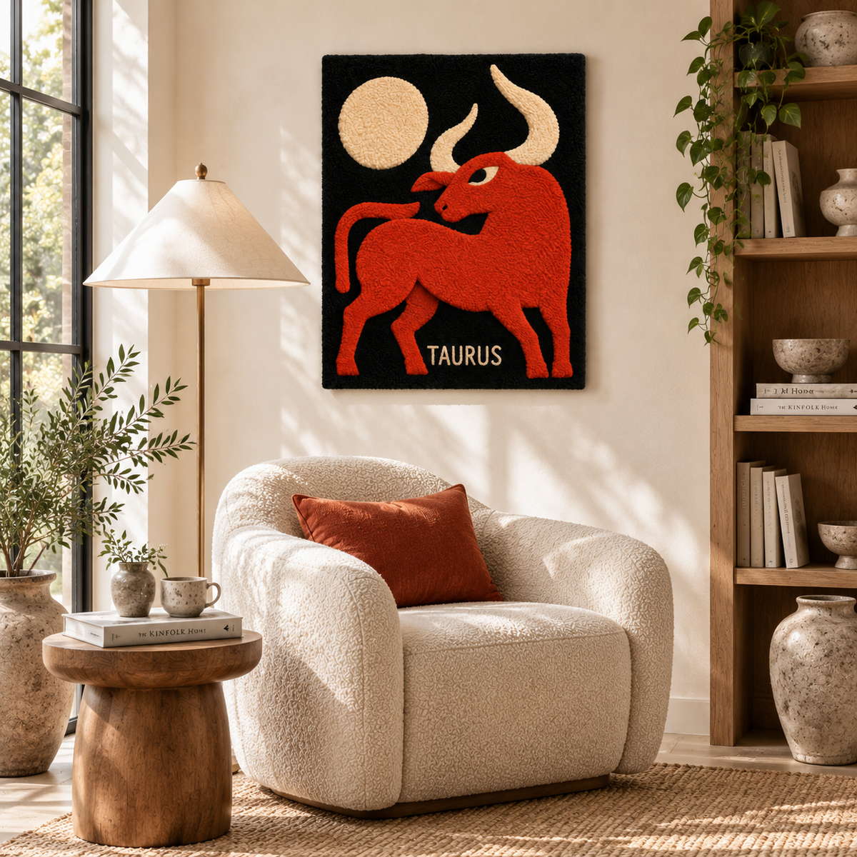 Hewn Earth Taurus Beneath the Moon wall art featuring a celestial Taurus illustration on a dark background.