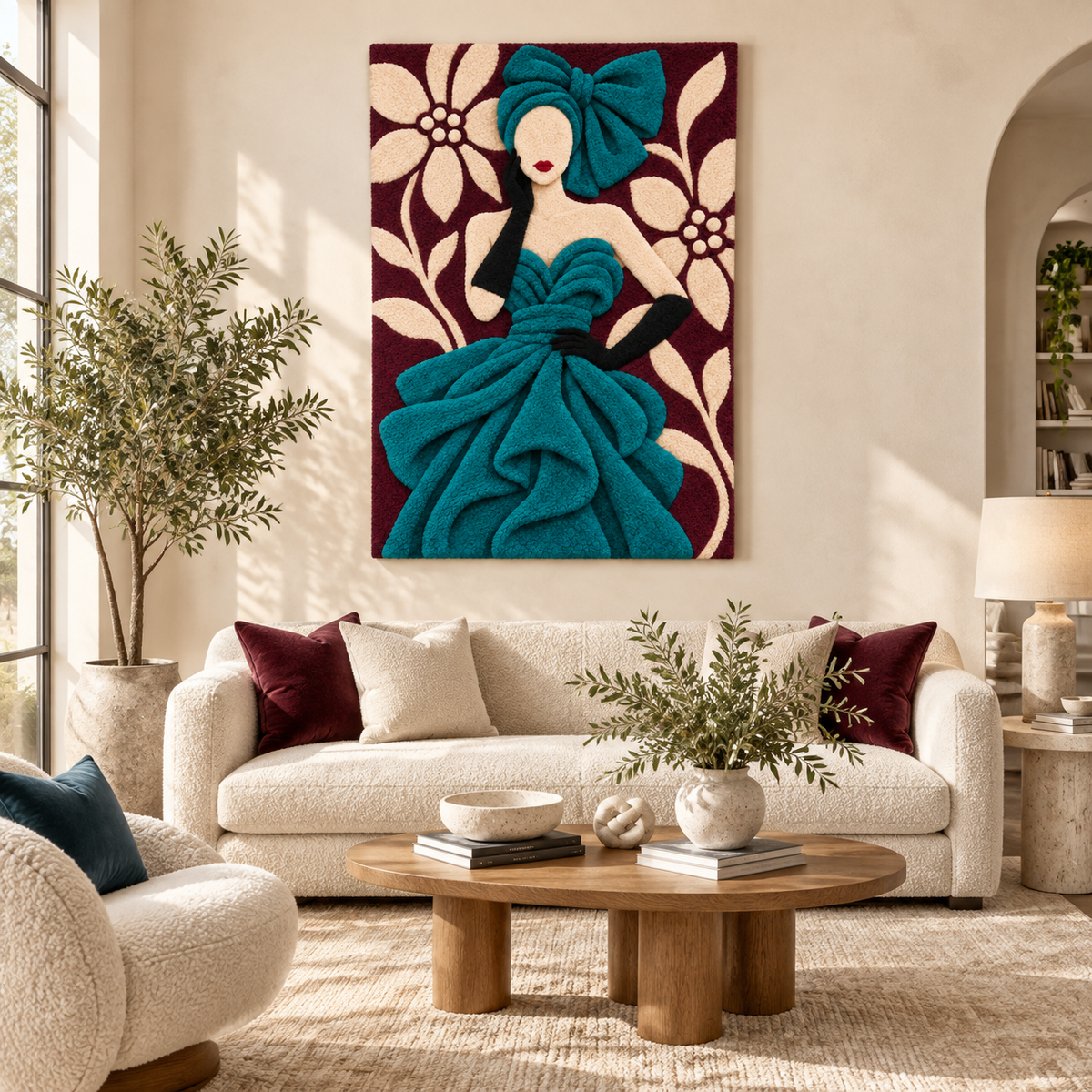 Hewn Earth teal floral wall art featuring a decorative bow in a salon setting, vibrant and artistic home decor piece.