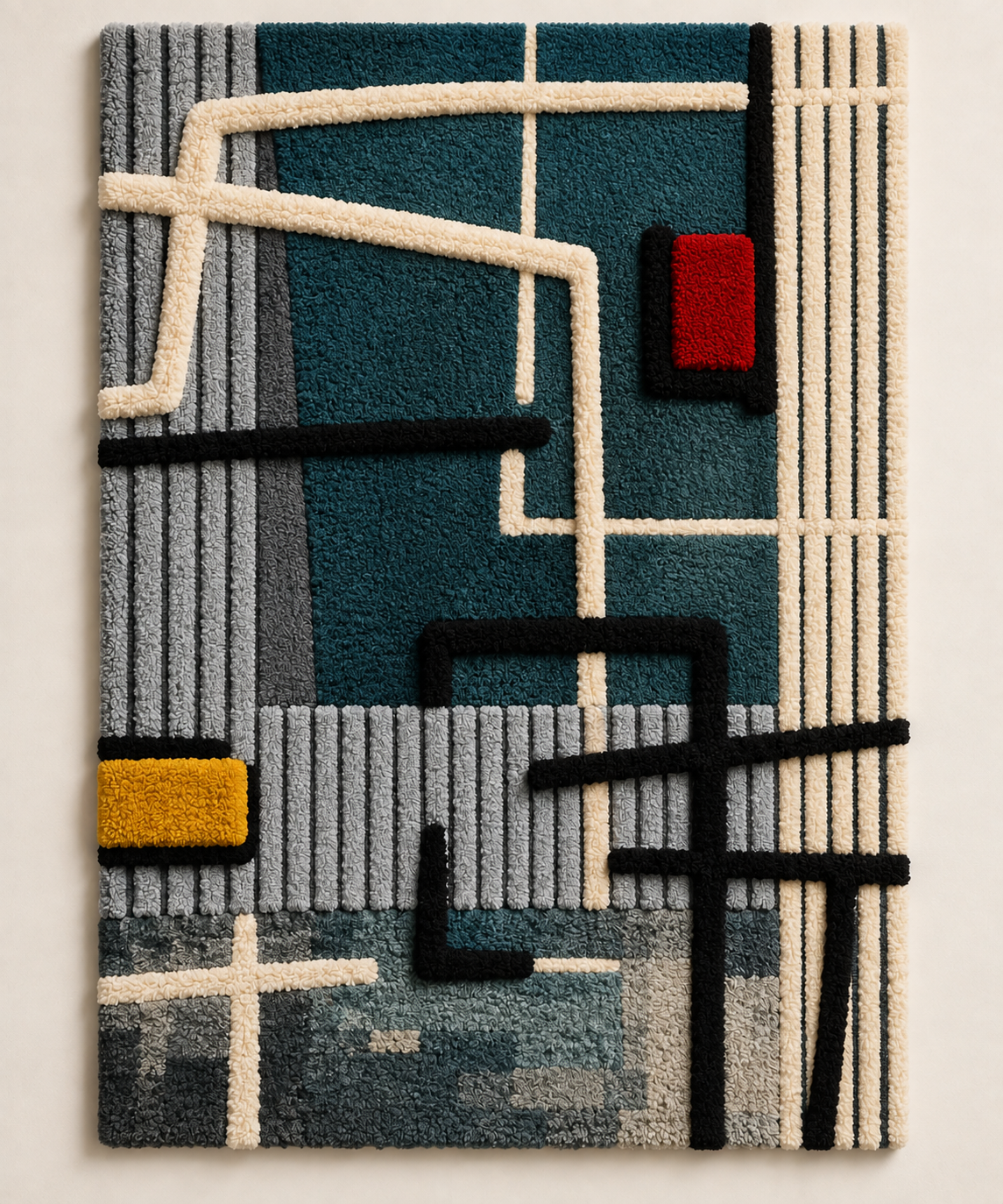 Hewn Earth wall art featuring a teal circuit design accented with crimson and gold on a light background.