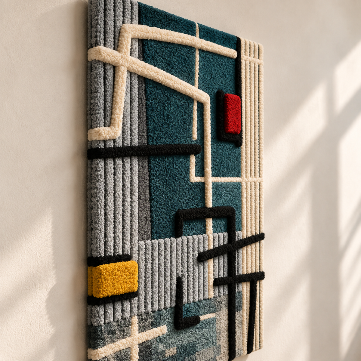 Hewn Earth teal wall art with crimson and gold circuit design, angular abstract artwork for modern interior decor.