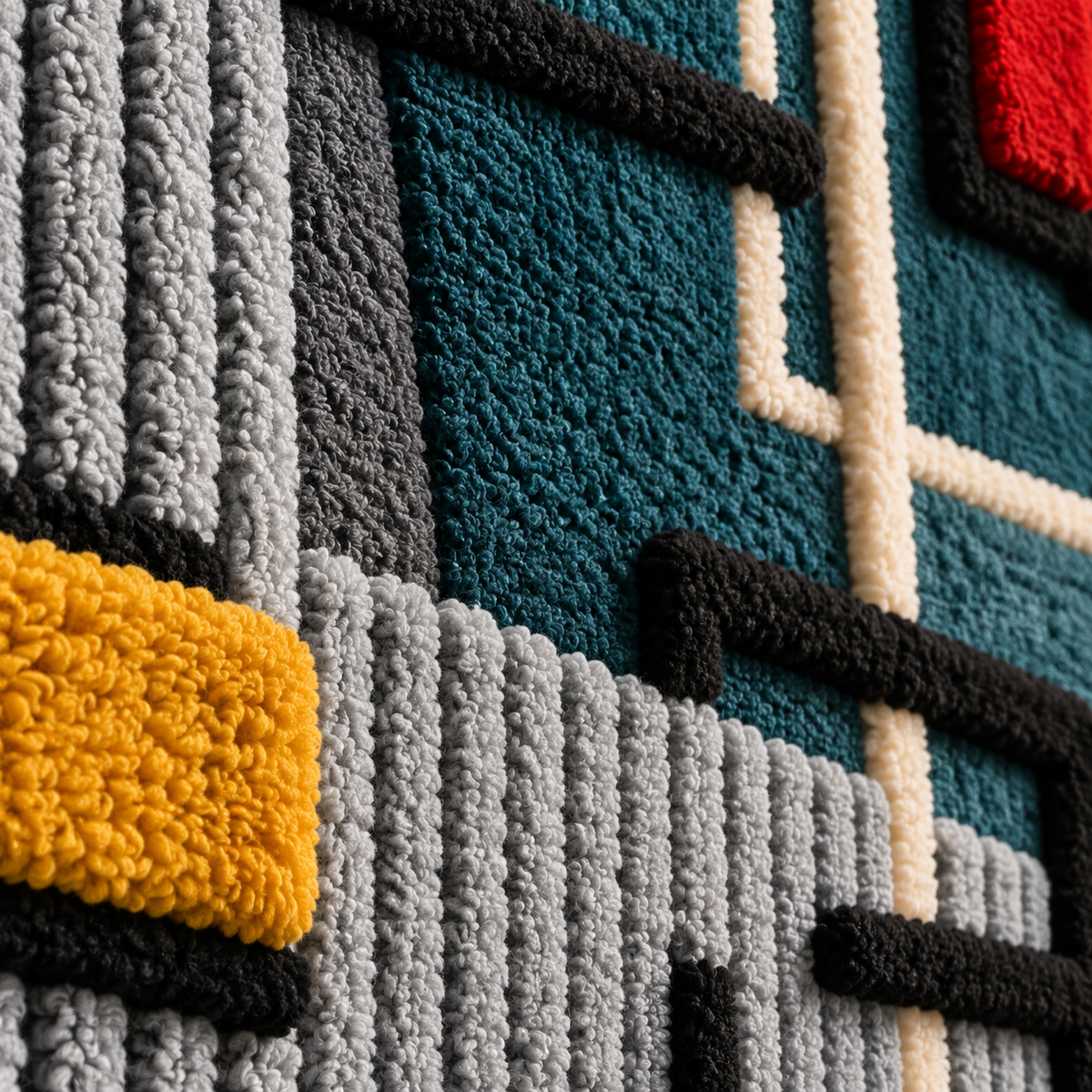 Hewn Earth wall art featuring a teal circuit design with crimson and gold accents, detailed close-up of abstract geometric pattern.