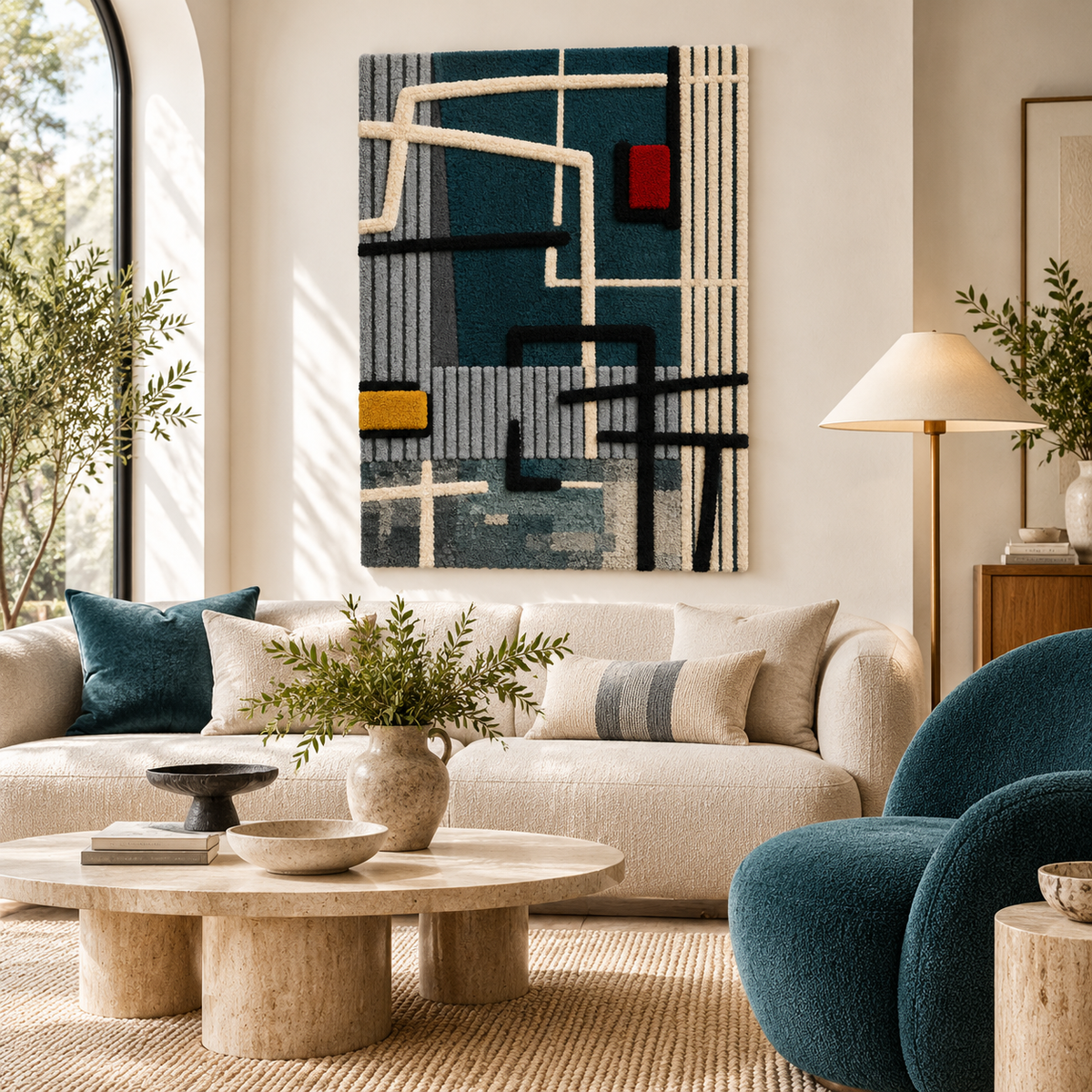 Hewn Earth teal circuit wall art with crimson and gold accents, featuring abstract geometric patterns on a modern wall.