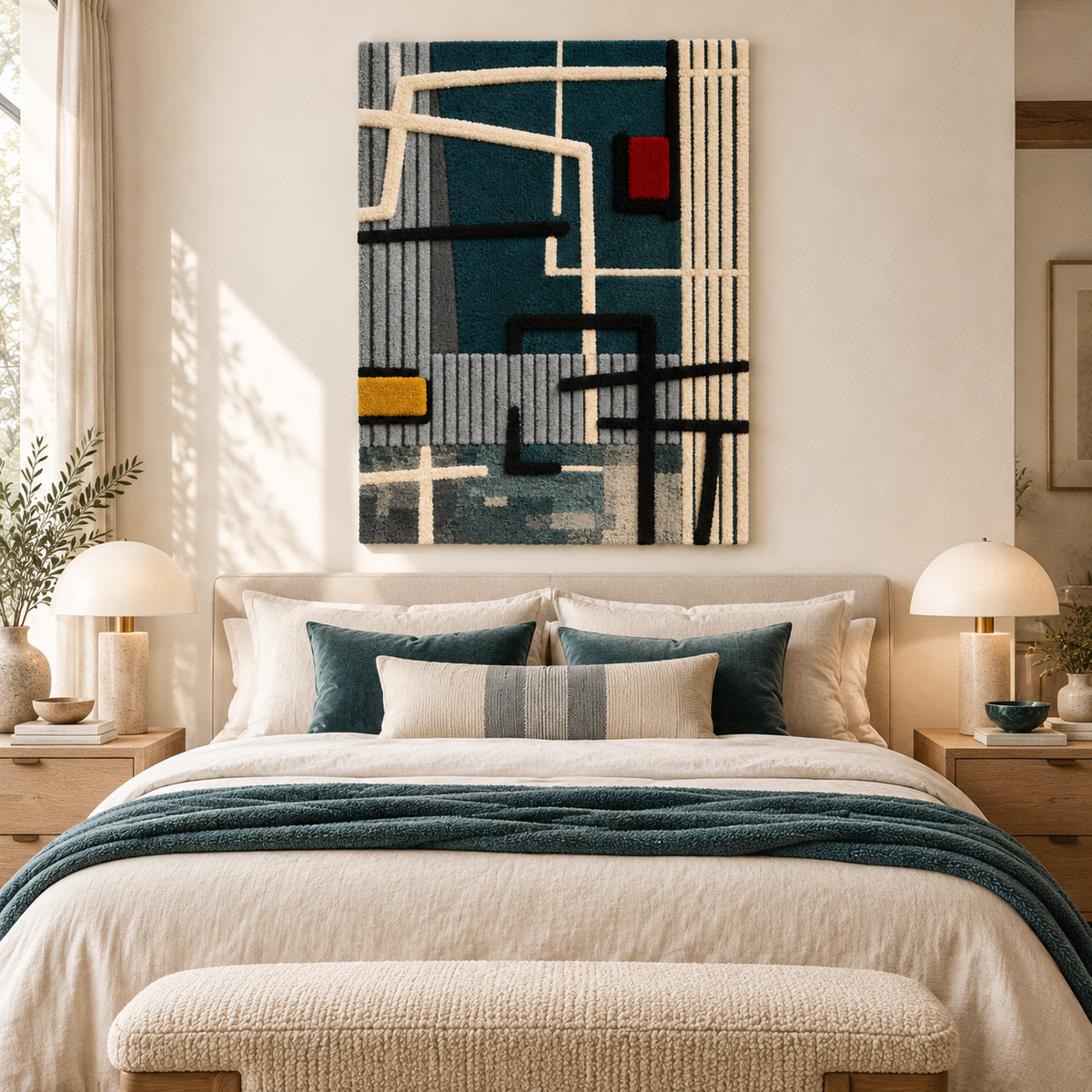 Hewn Earth teal circuit wall art with crimson and gold accents, modern geometric design, displayed on a room wall.