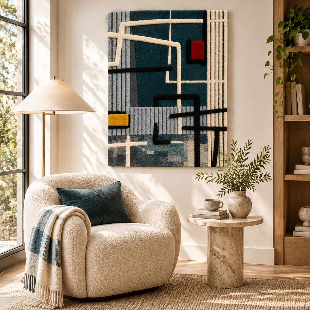 Hewn Earth teal circuit wall art with crimson and gold accents, modern abstract design on a neutral room wall.