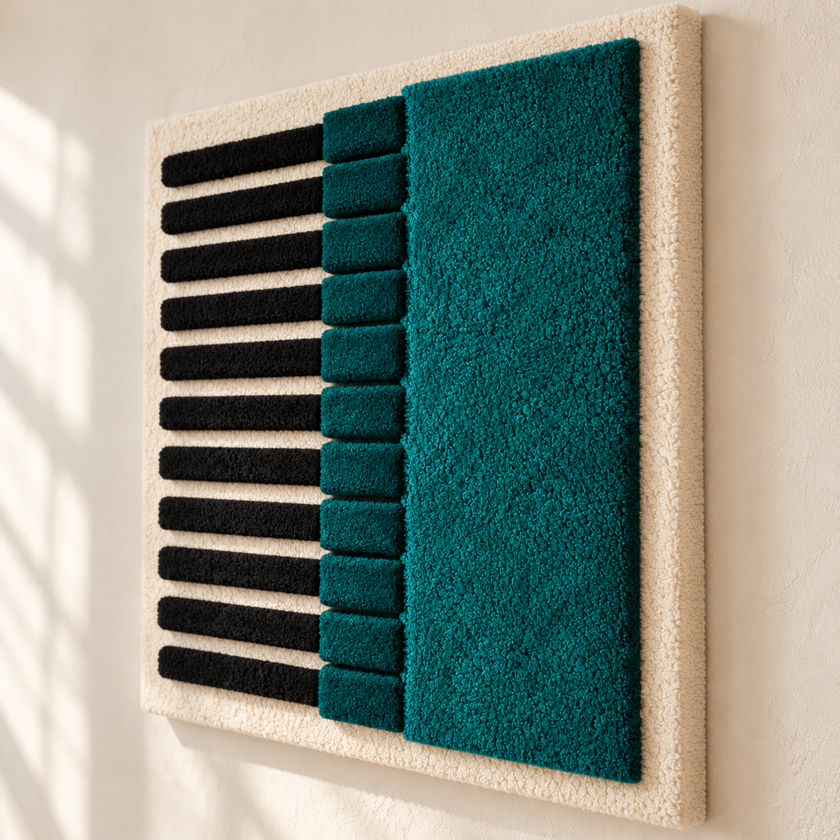 Hewn Earth teal wall art column with ivory pinlines, showcasing a modern geometric design on a neutral background.
