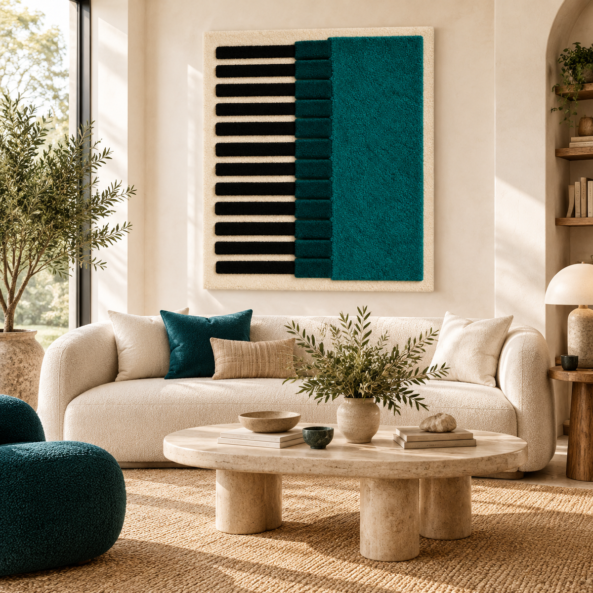 Hewn Earth teal wall art with ivory pinlines, modern vertical column design for contemporary interior decor.