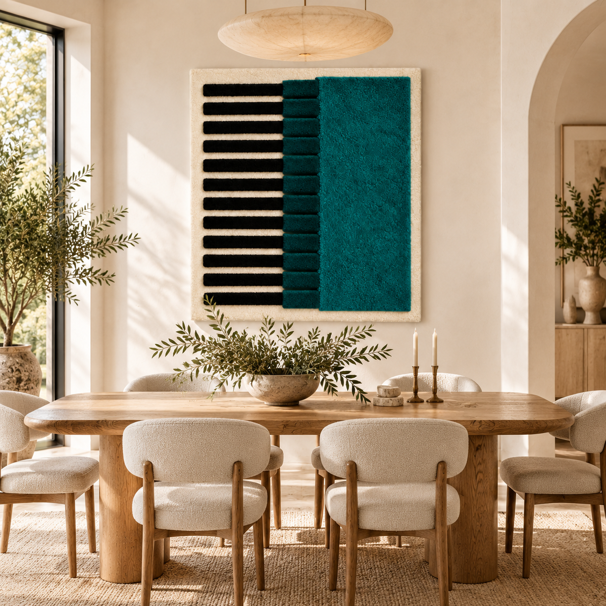 Hewn Earth teal wall art with vertical column design featuring ivory pinlines, displayed in a modern room setting
