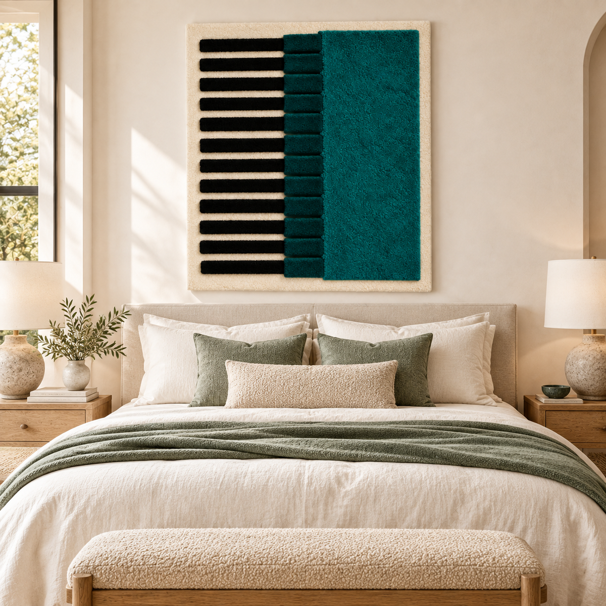 Teal wall art with vertical ivory pinlines, modern Hewn Earth wall decor piece displayed in a room setting.