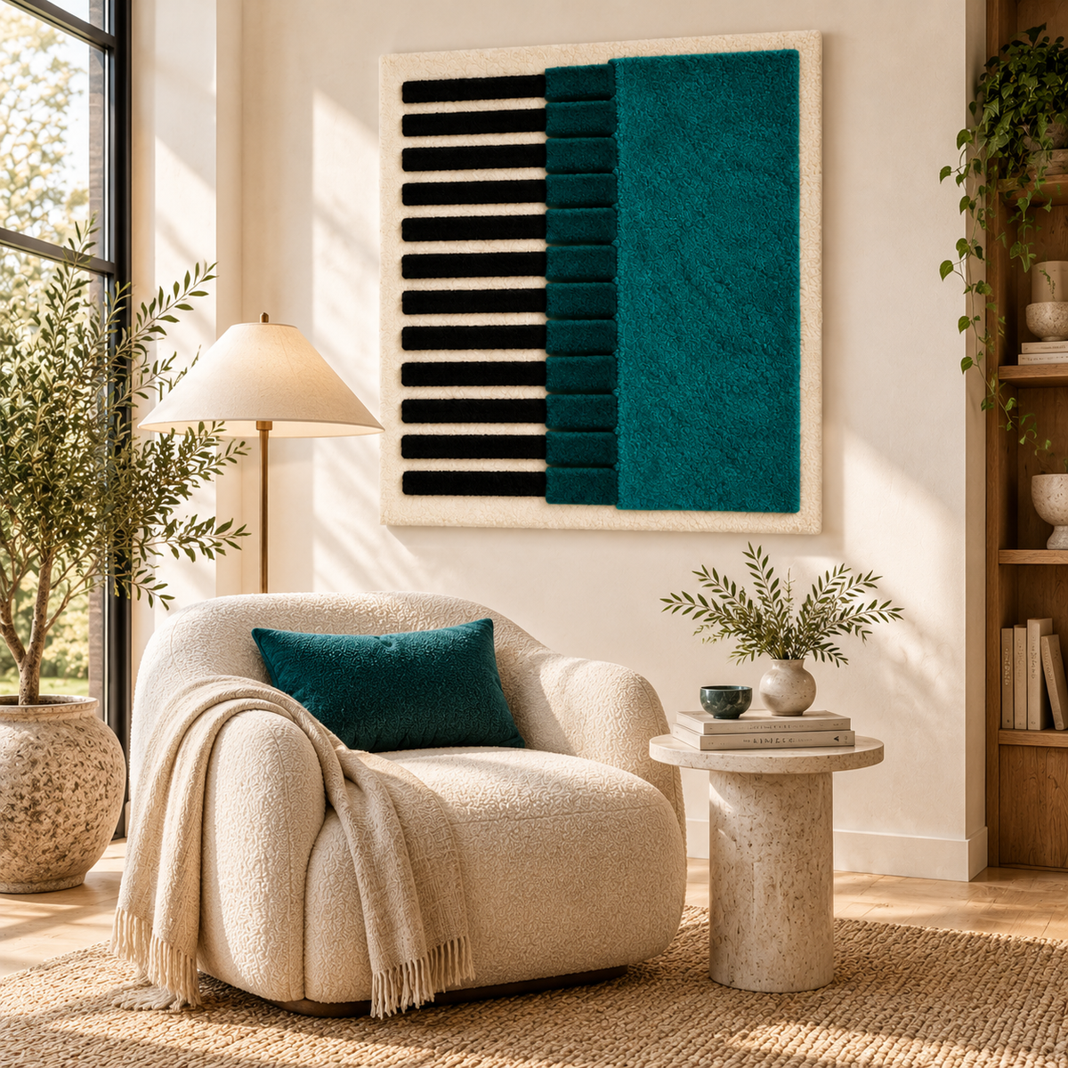 Teal wall art column with ivory pinlines, showcasing a modern Hewn Earth wall decor piece in a room setting.
