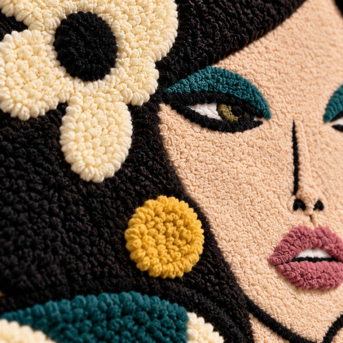Teal Daisy Muse — tufted wool texture detail