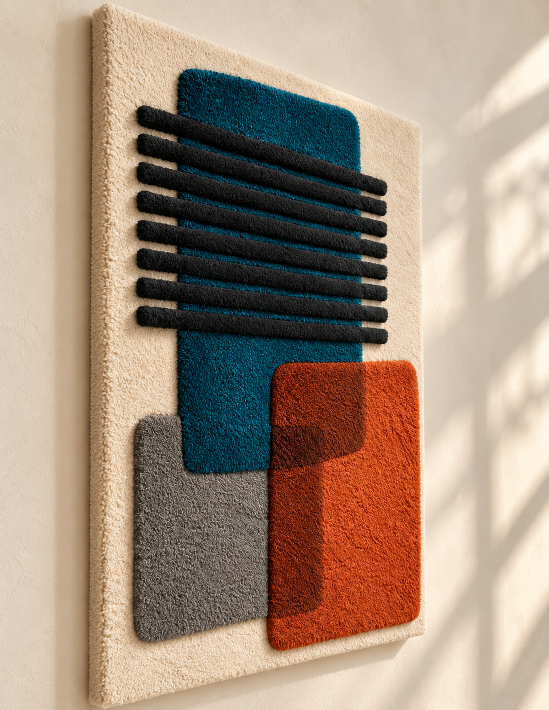 Teal Ember Bar Overlap wall art by Hewn Earth, featuring overlapping teal and blue geometric shapes in a modern design.
