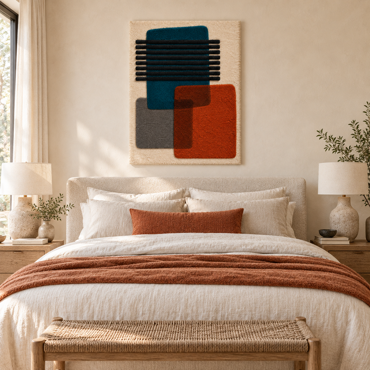 Hewn Earth Teal Ember Bar Overlap wall art featuring overlapping teal and earthy tones, displayed in a modern room setting.