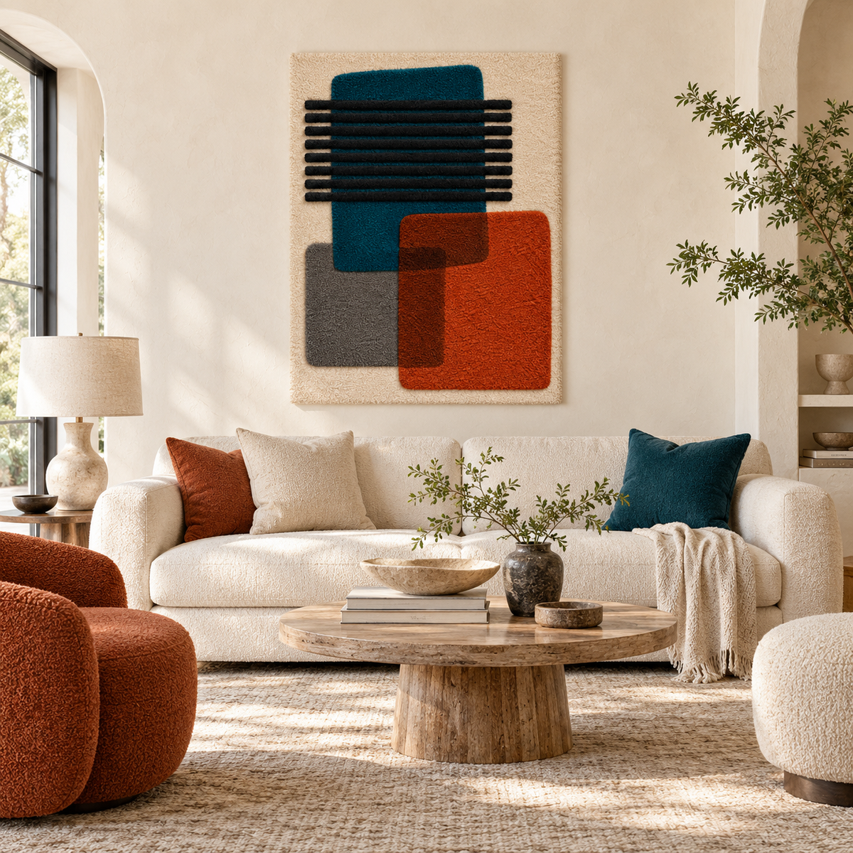 Teal Ember Bar Overlap wall art by Hewn Earth featuring overlapping geometric shapes in teal tones, displayed in a modern room setting.