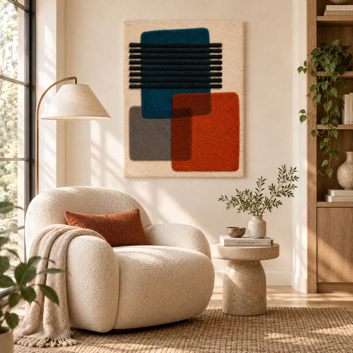 Hewn Earth teal Ember Bar Overlap wall art featuring overlapping teal and blue geometric shapes in a modern room setting.