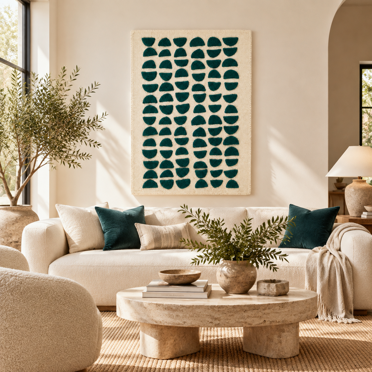 Teal Half Moon Cadence Hewn Earth wall art with a modern half-moon design, displayed on a room wall.
